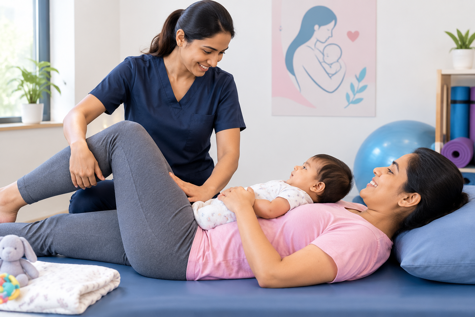 New mother with her baby during a postpartum physiotherapy session