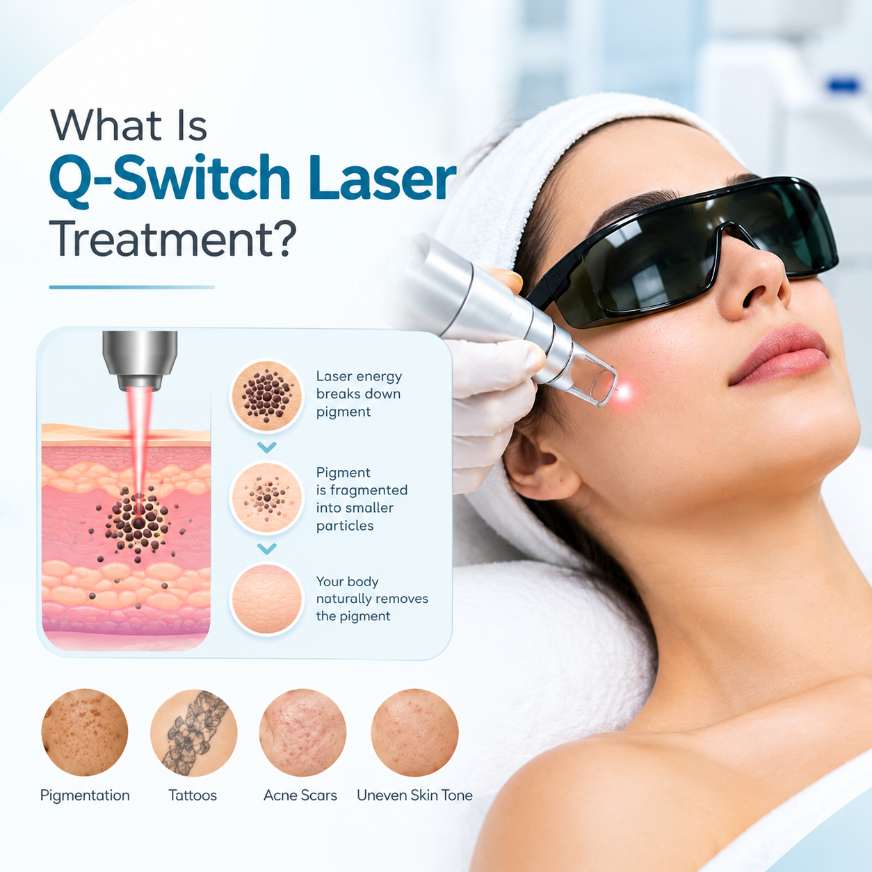 Q-Switch laser device used during a skin treatment session