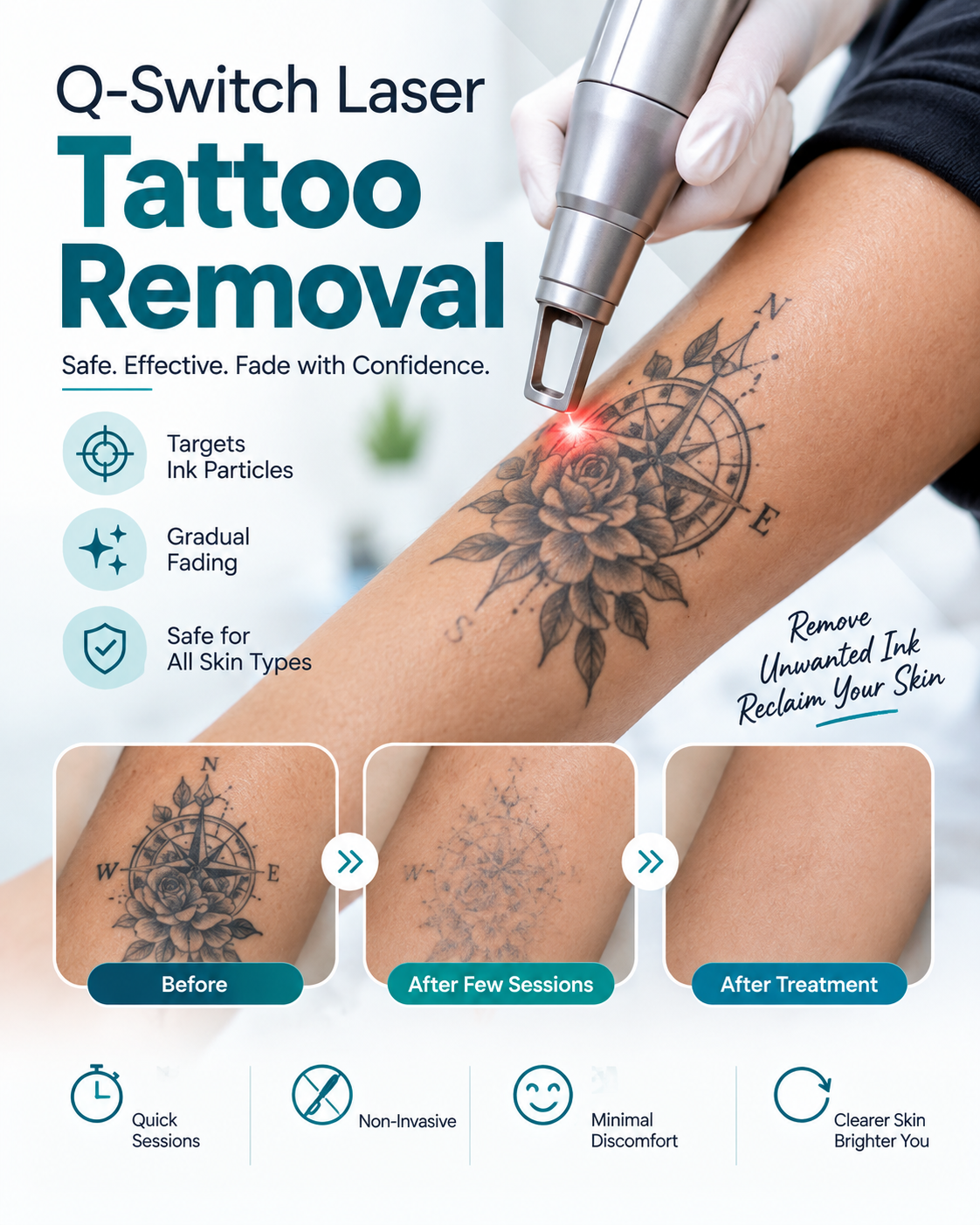Q-Switch laser tattoo removal treatment in progress